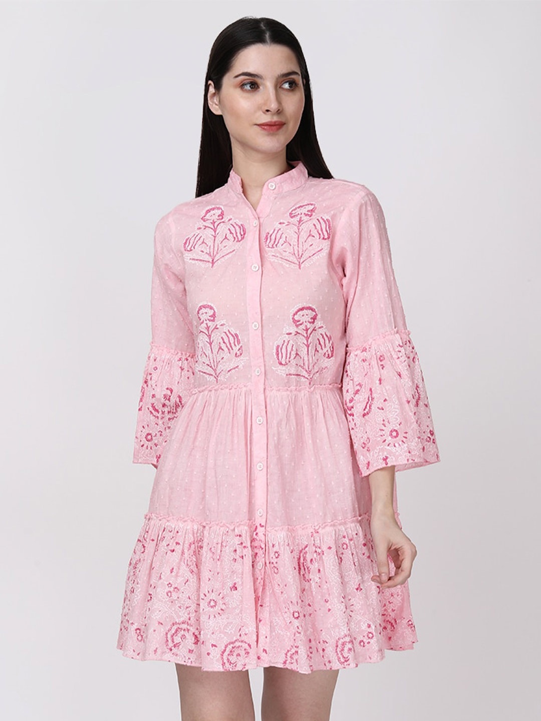 

Fibre World Floral Printed Bell Sleeves Tiered Shirt Dress, Pink