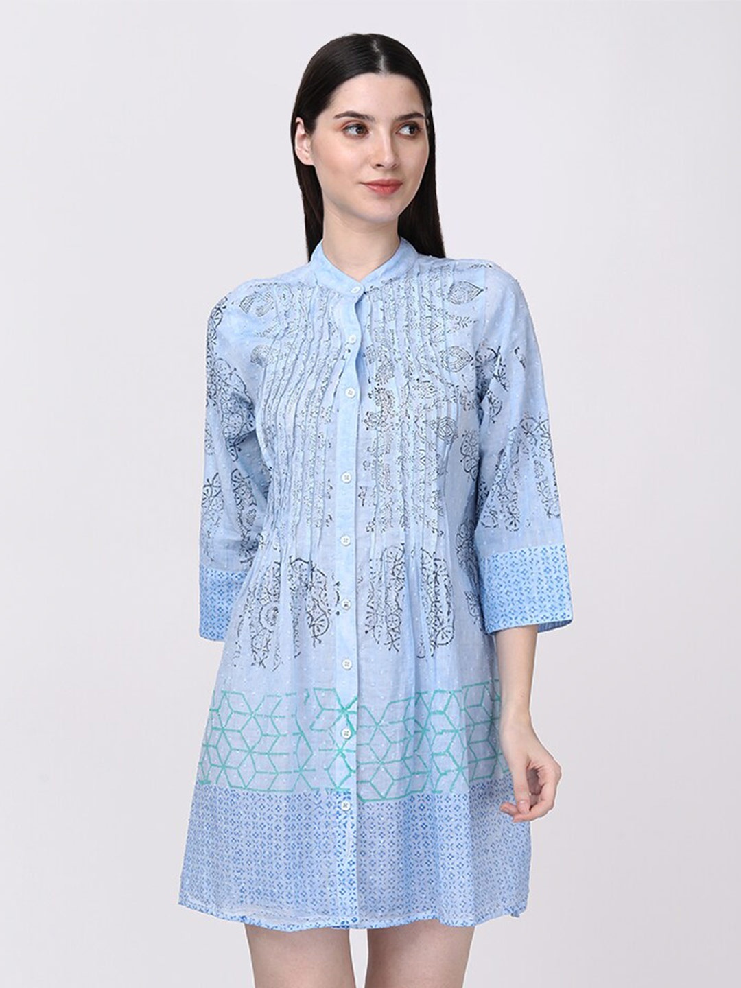 

Fibre World Floral Block Printed Pleated Shirt Dress, Blue
