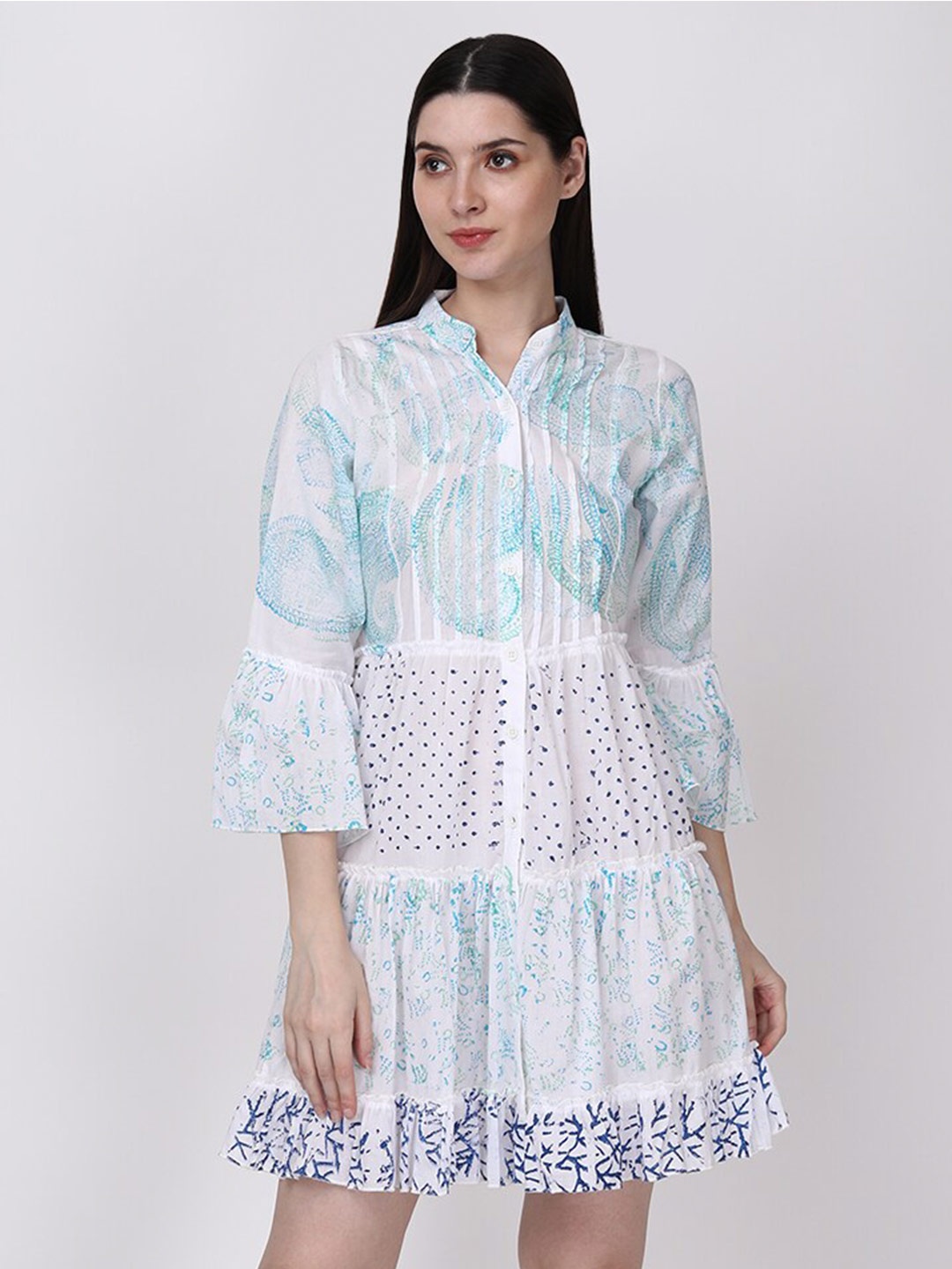 

Fibre World Ethnic Motif Printed Bell Sleeves Tiered Shirt Dress, White