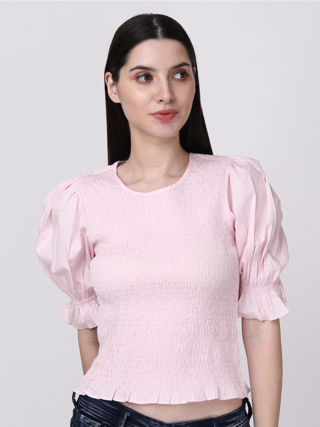 

Fibre World Puff Sleeves Smocking Cotton Crop Top, Pink