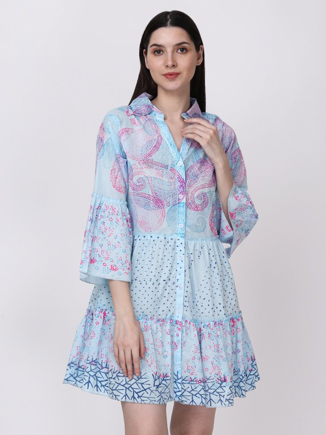

Fibre World Ethnic Motif Printed Bell Sleeves Tiered Shirt Dress, Blue