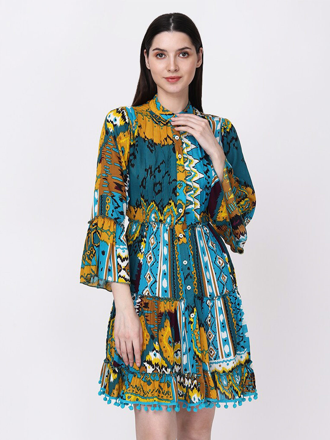 

Fibre World Abstract Printed Bell Sleeves Tiered Fit & Flare Dress, Teal