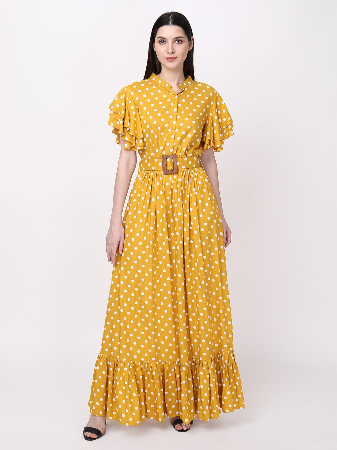 

Fibre World Polka Dots Printed Flutter Sleeves Gathered Fit & Flare Maxi Dress With Belt, Mustard