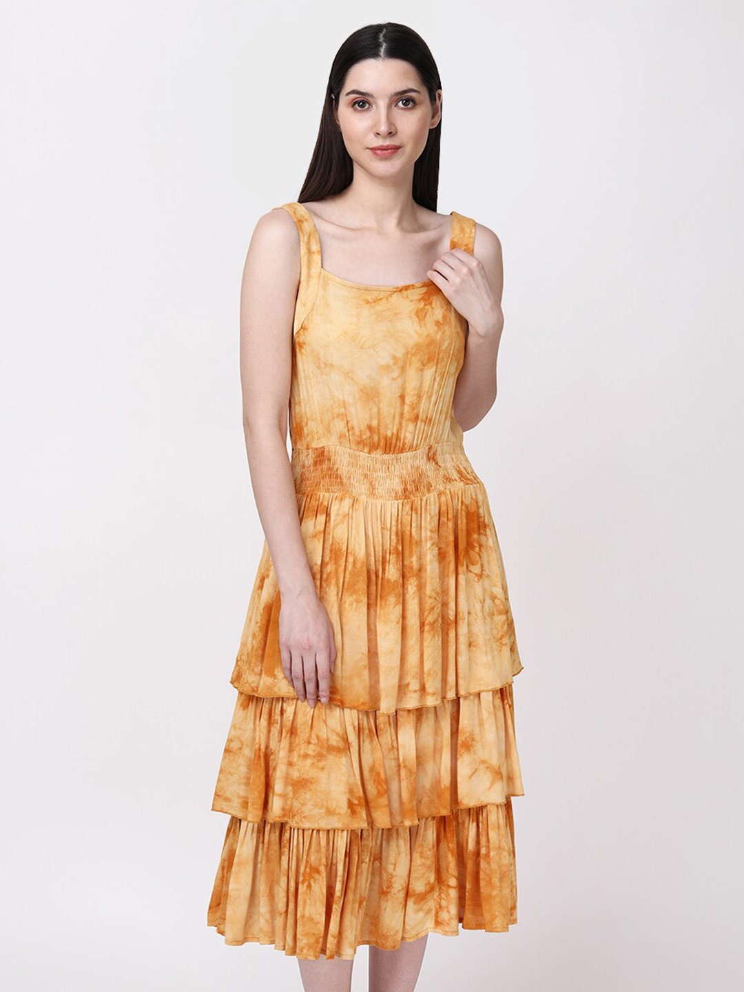 

Fibre World Abstract Printed Smocked Layered Fit & Flare Midi Dress, Mustard