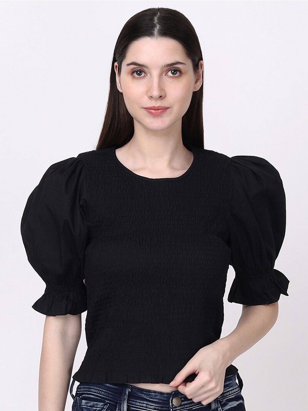 

Fibre World Puff Sleeves Smocking Cotton Crop Top, Black