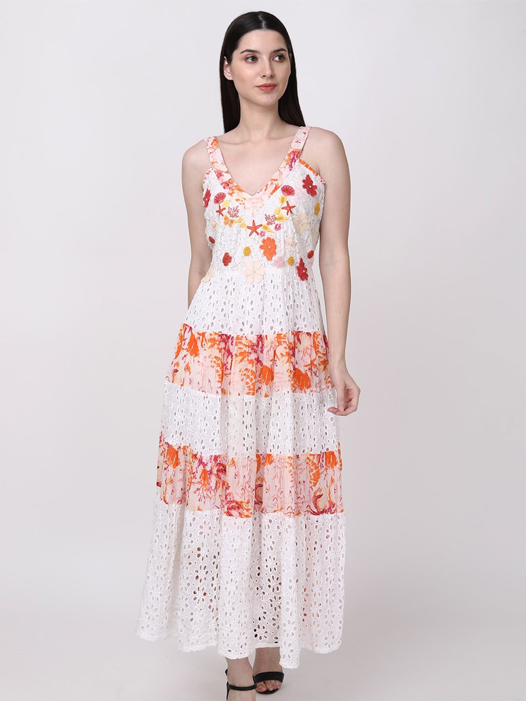 

Fibre World Floral Printed Schiffli Fit & Flare Maxi Dress, White