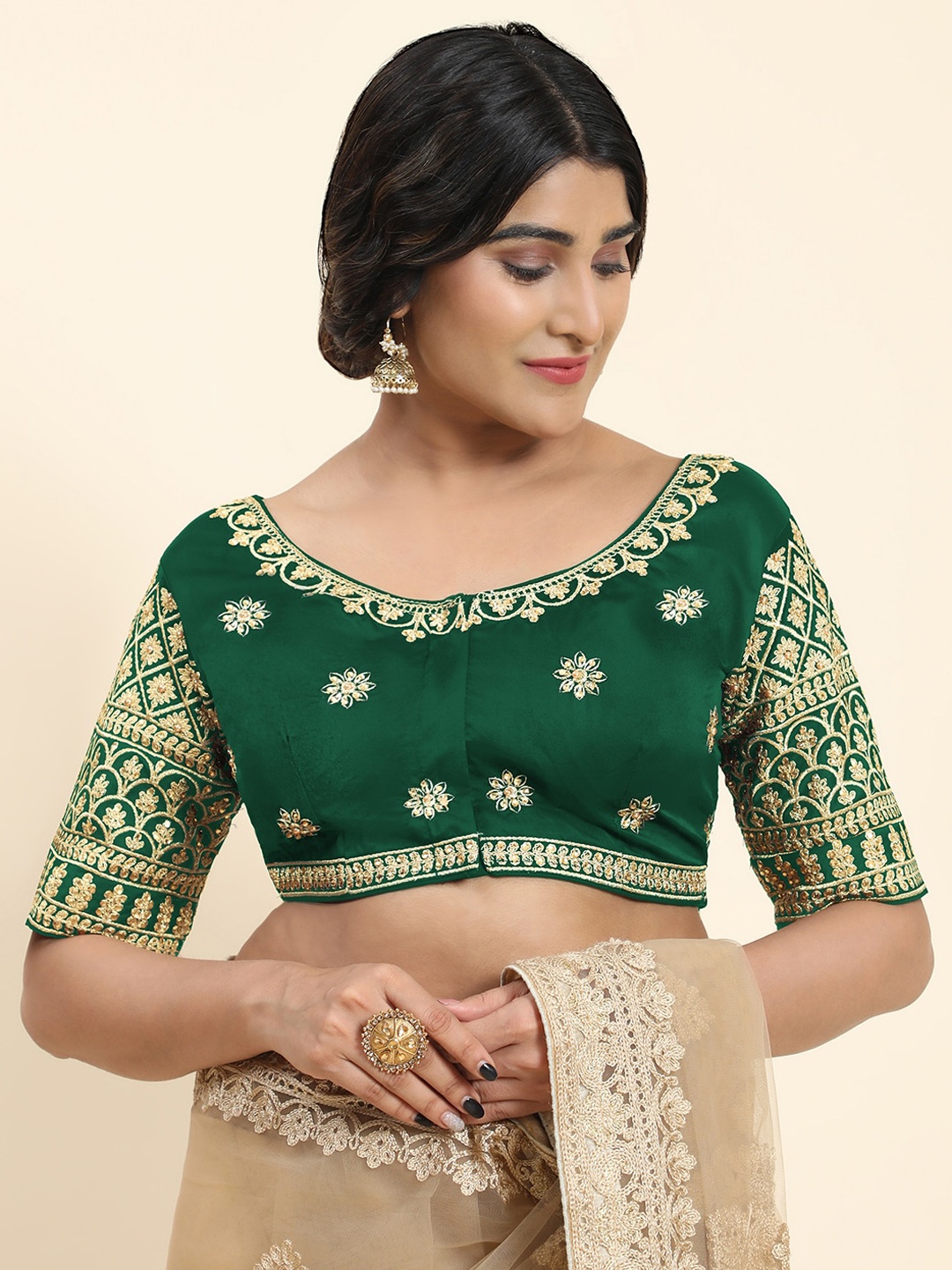 

Kasak Embroidered Padded Silk Readymade Saree Blouse, Green