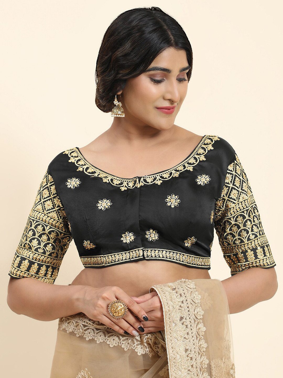 

Kasak Embroidered Silk Padded Readymade Saree Blouse, Black