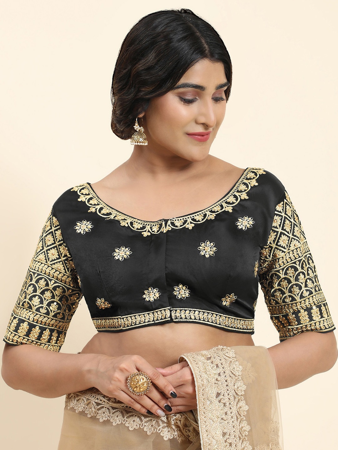 

Kasak Embroidered Silk Readymade Saree Blouse, Black