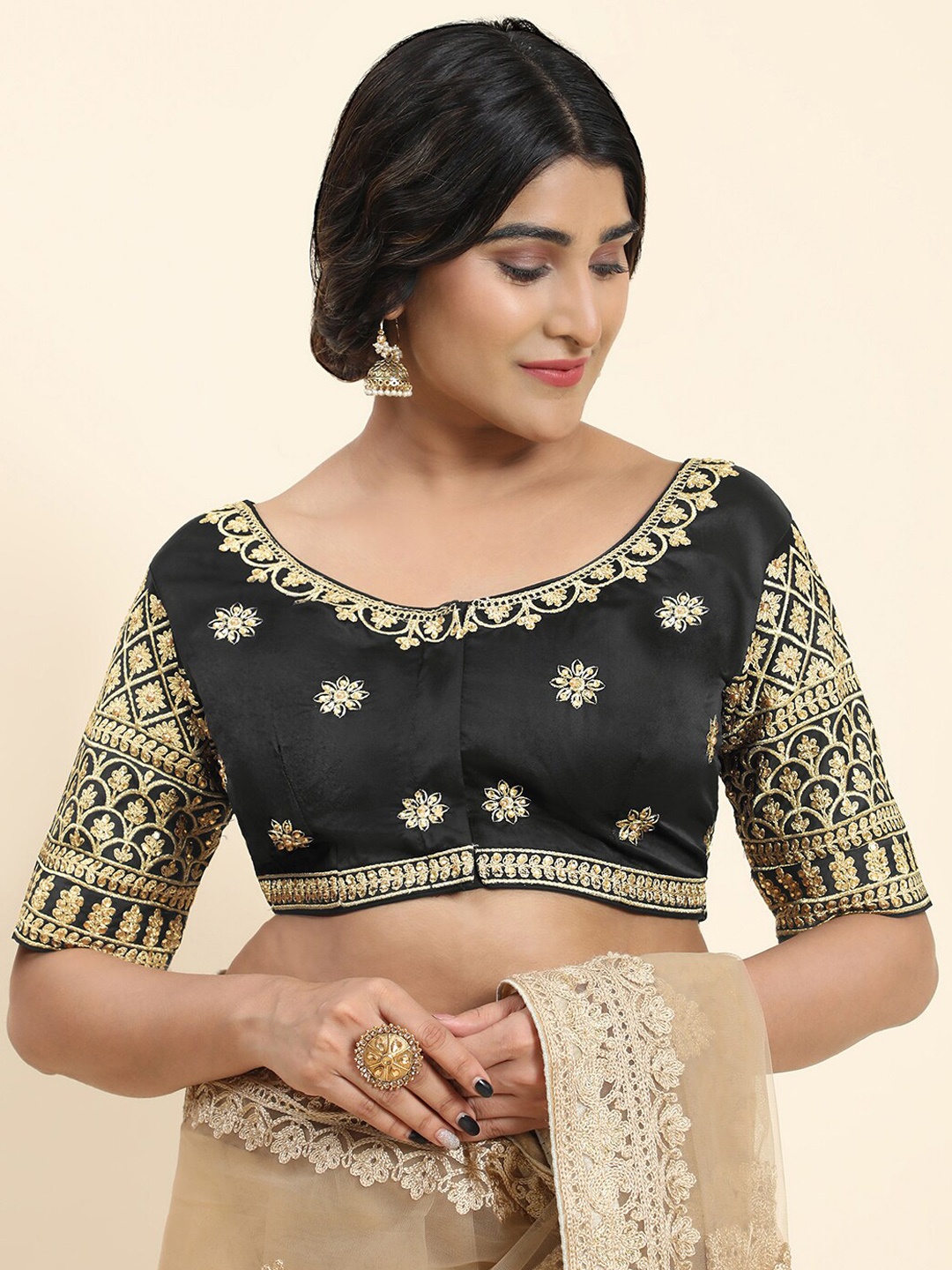 

Kasak Embroidered Readymade Silk Saree Blouse, Black