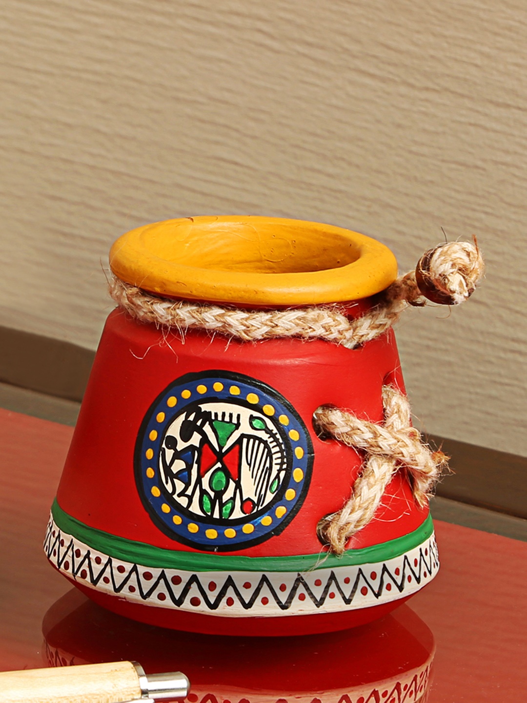 

ExclusiveLane Red Terracotta Warli Handpainted Knitted Pen Stand Organisers