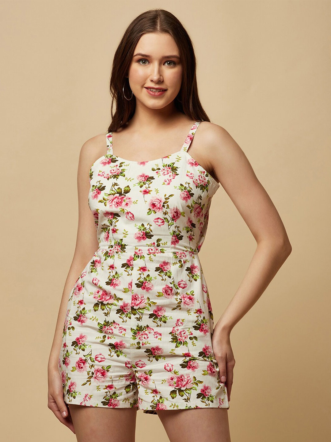 

RAASSIO Cotton Shoulder Strap Floral Printed Jumpsuit, White