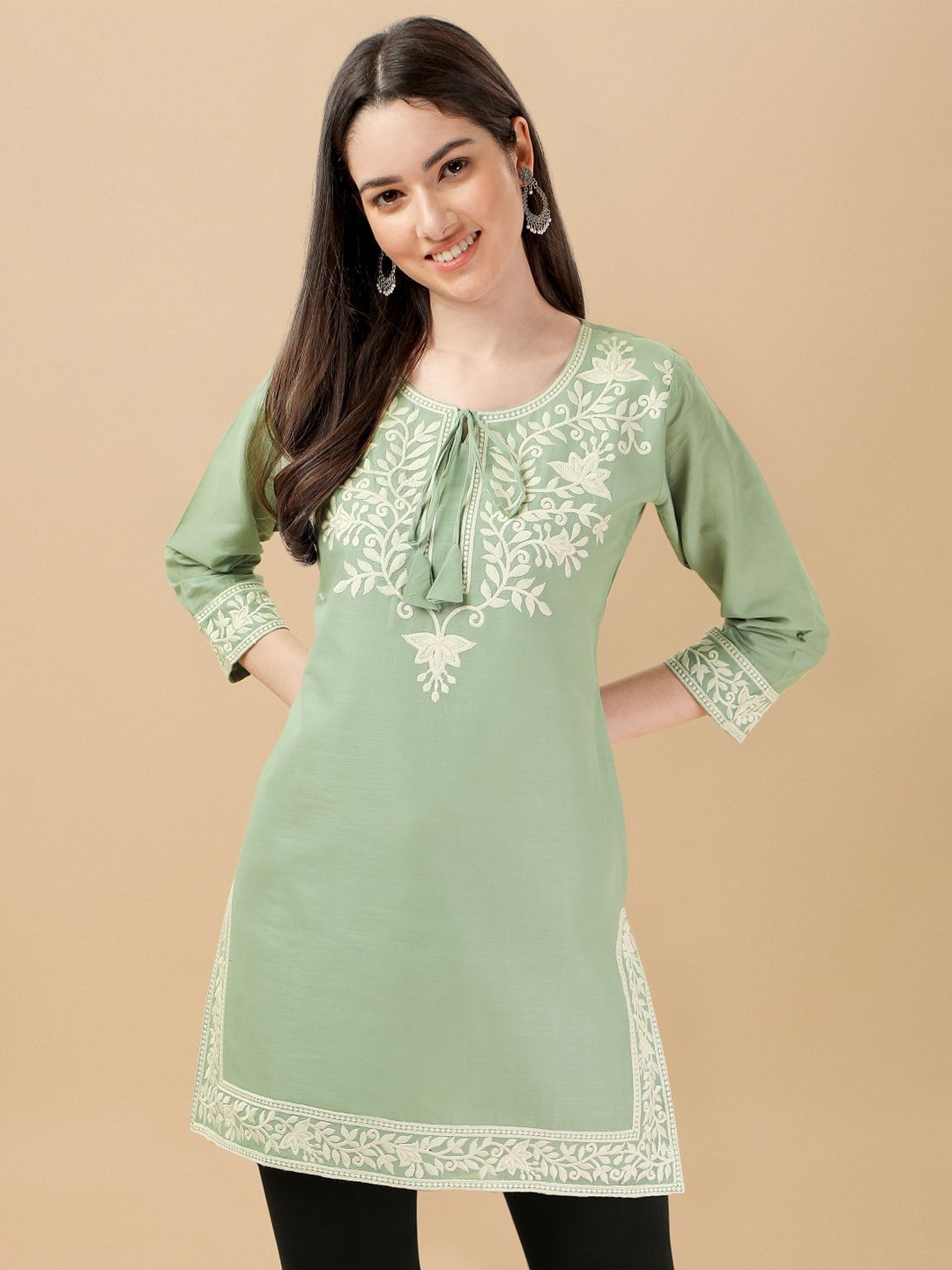 

DEETYA ARTS Floral Embroidered Tie-Up Neck Pure Cotton Kurti, Green