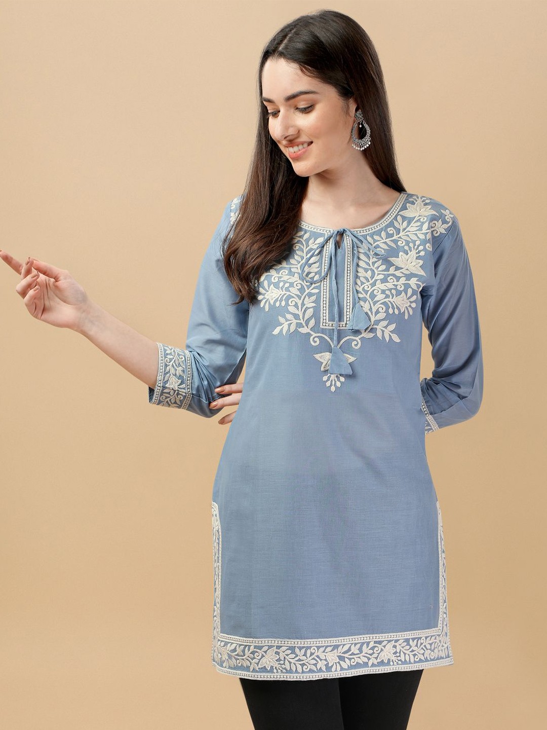 

DEETYA ARTS Floral Embroidered Tie-Up Neck Pure Cotton Kurti, Blue