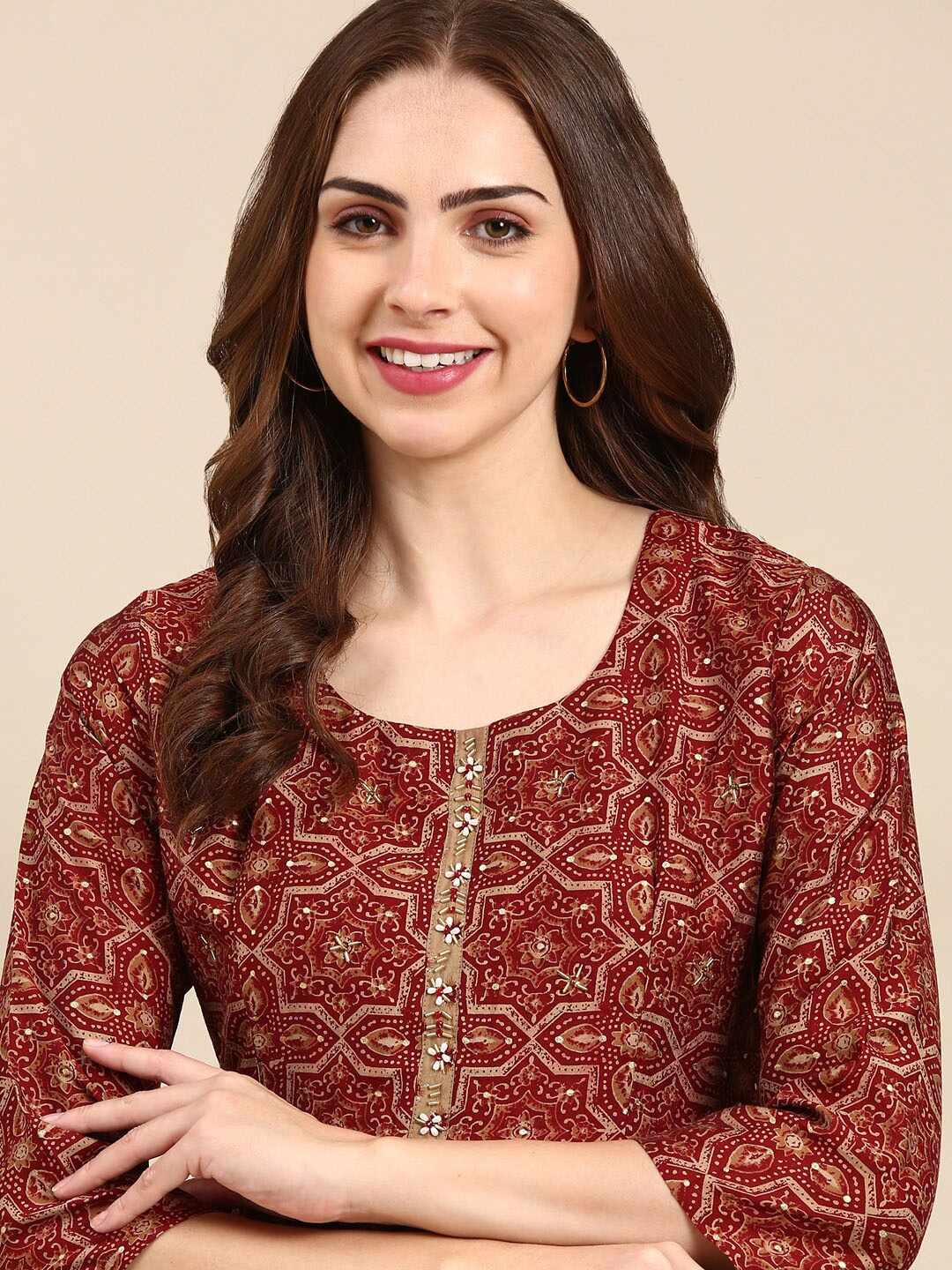 

SHOWOFF Ethnic Motifs Printed A-Line Beads and Stones Kurta with Trousers, Maroon