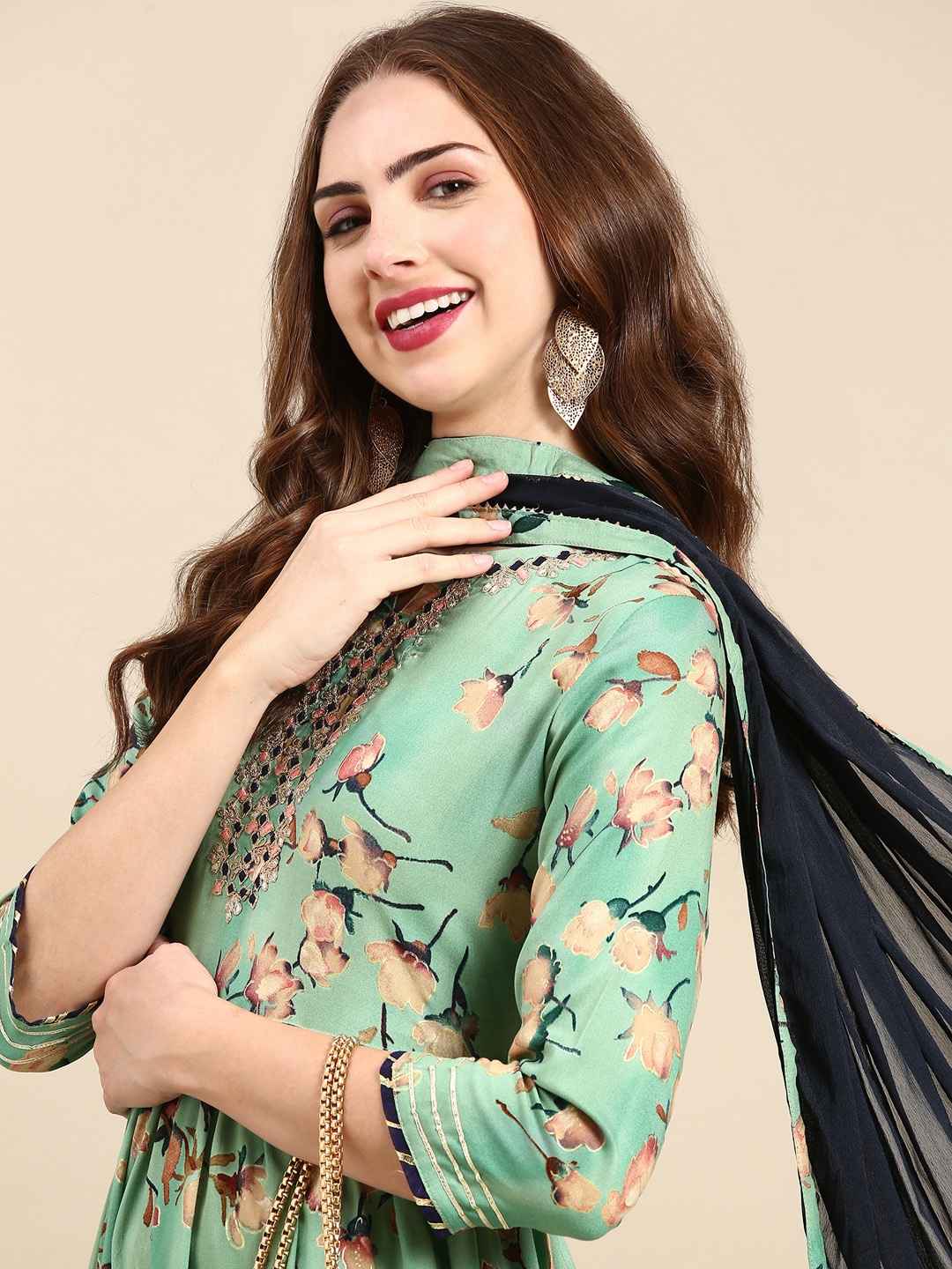 

SHOWOFF Floral Printed Gotta Patti Kurta with Sharara & Dupatta, Green