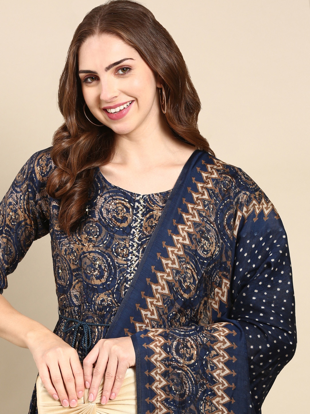 

SHOWOFF Abstract Printed Beads and Stones Dupion Silk Kurta with Trousers & Dupatta, Navy blue