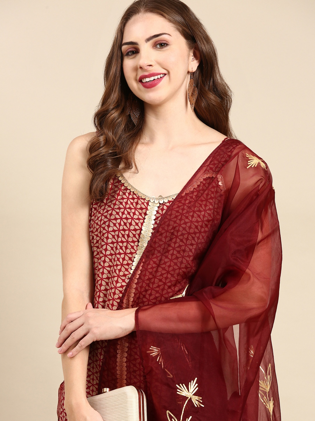 

SHOWOFF Floral Printed Gotta Patti Kurti with Sharara & Dupatta, Maroon