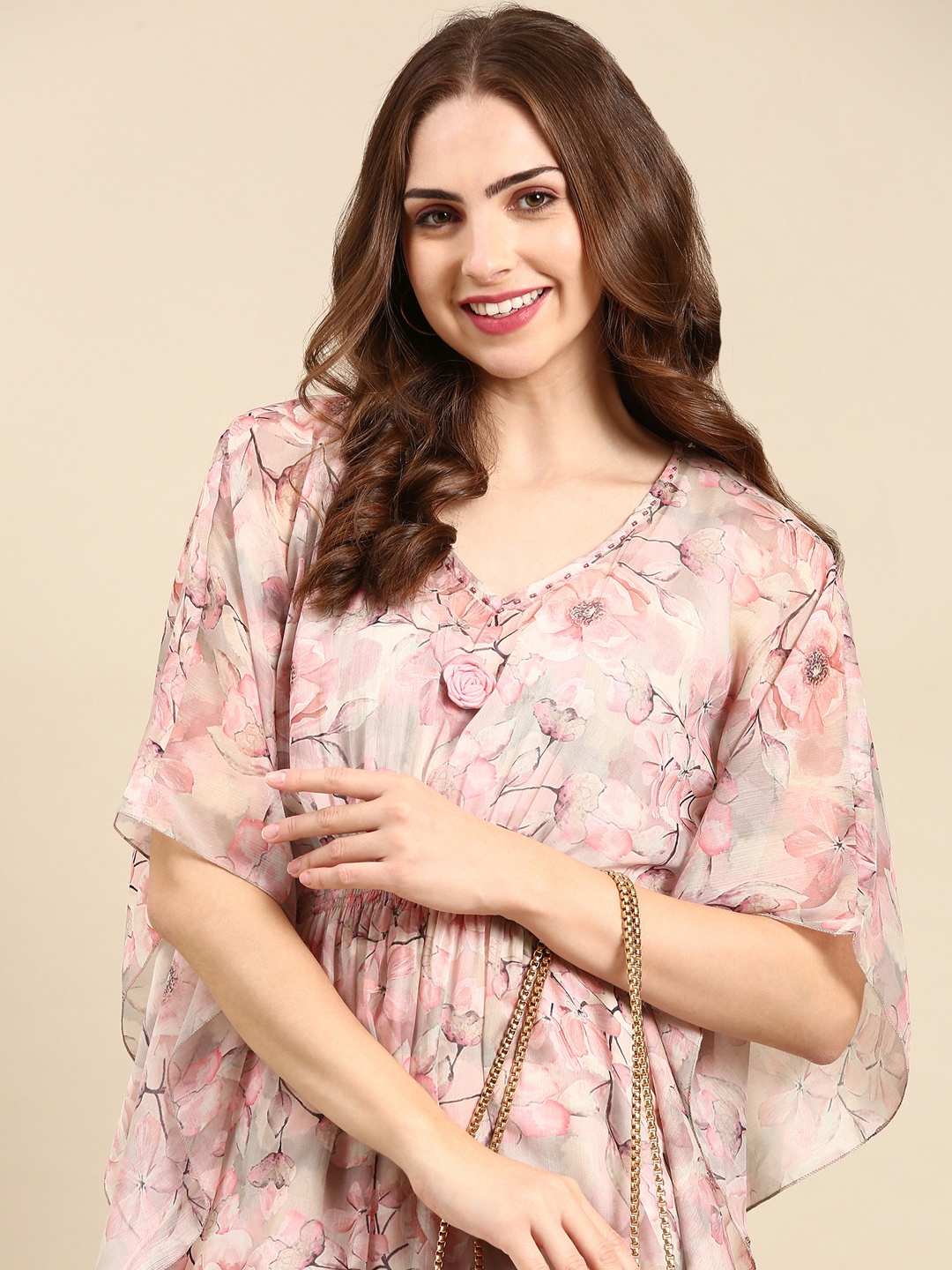 

SHOWOFF Floral Printed Kaftan Kurta with Trousers, Peach