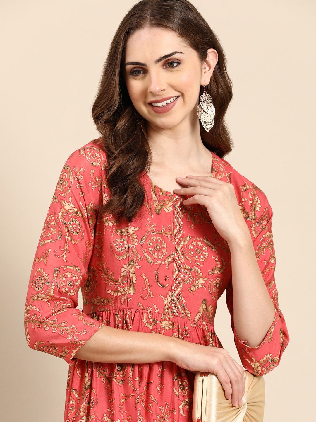 

SHOWOFF Ethnic Motifs Printed Pleated Kurta with Trousers, Coral