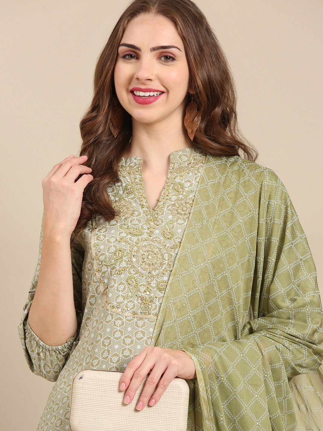 

SHOWOFF Ethnic Motifs Printed Chanderi Cotton Kurta with Trousers & Dupatta, Olive