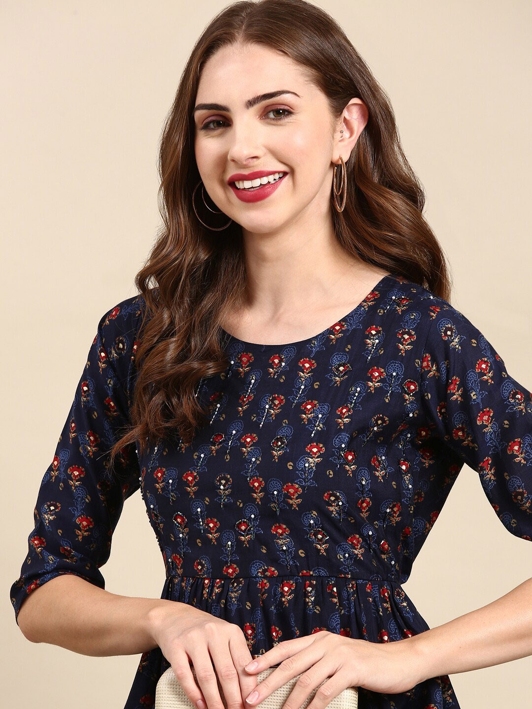 

SHOWOFF Ethnic Motifs Printed Beads and Stones Kurta with Trousers, Navy blue