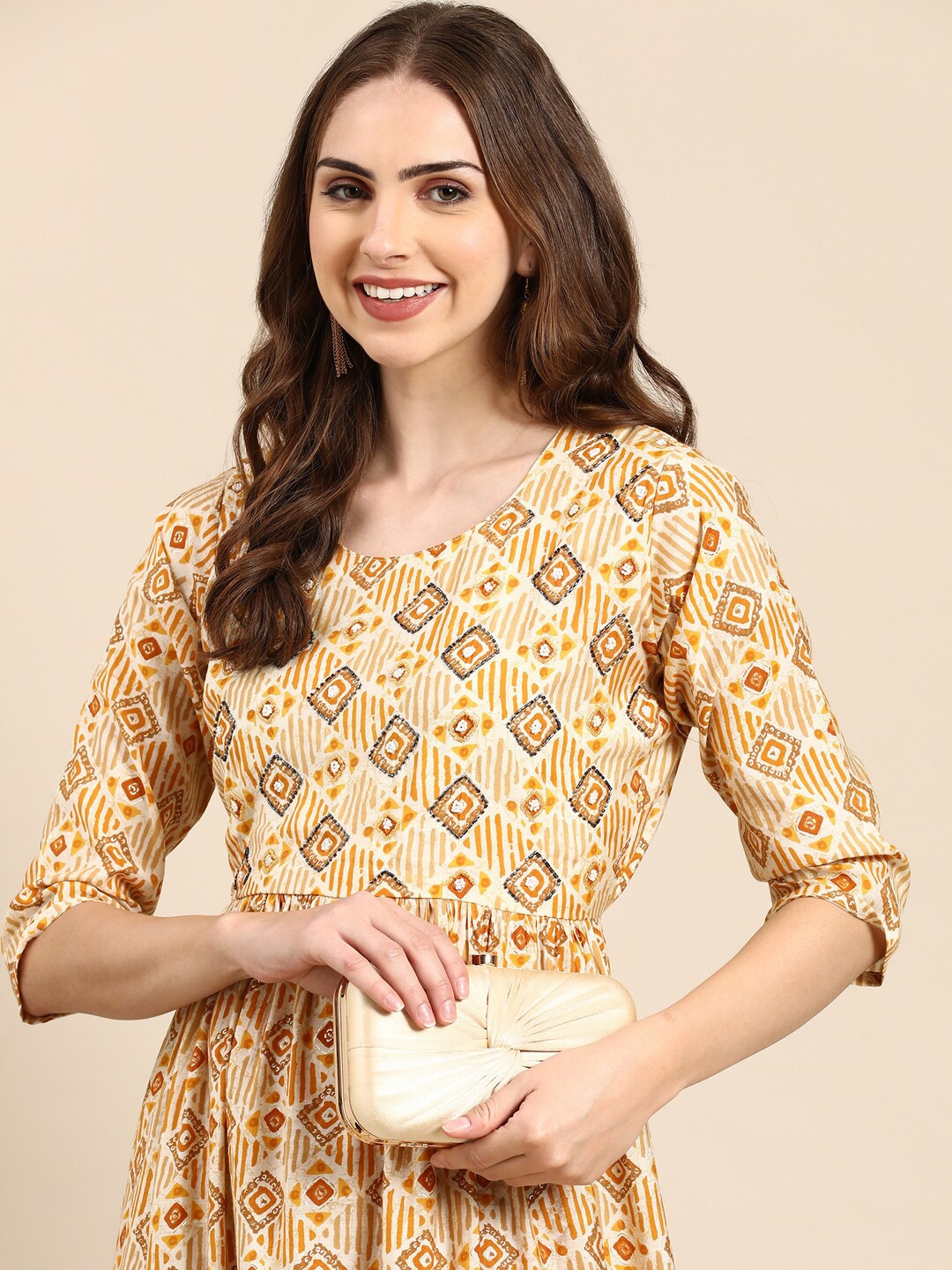 

SHOWOFF Ethnic Motifs Printed Beads and Stones Kurta with Trousers, Mustard