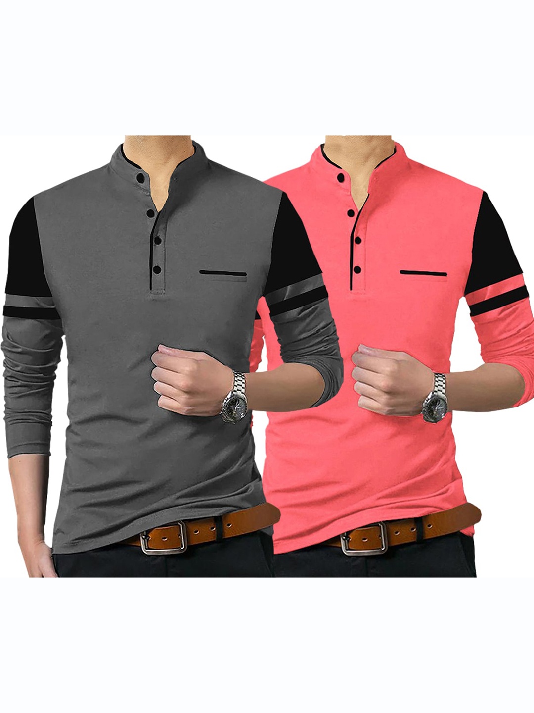 

TRIPR 2 Pack Of 2 Colourblocked Mandarin Collar Cotton T-shirt, Pink