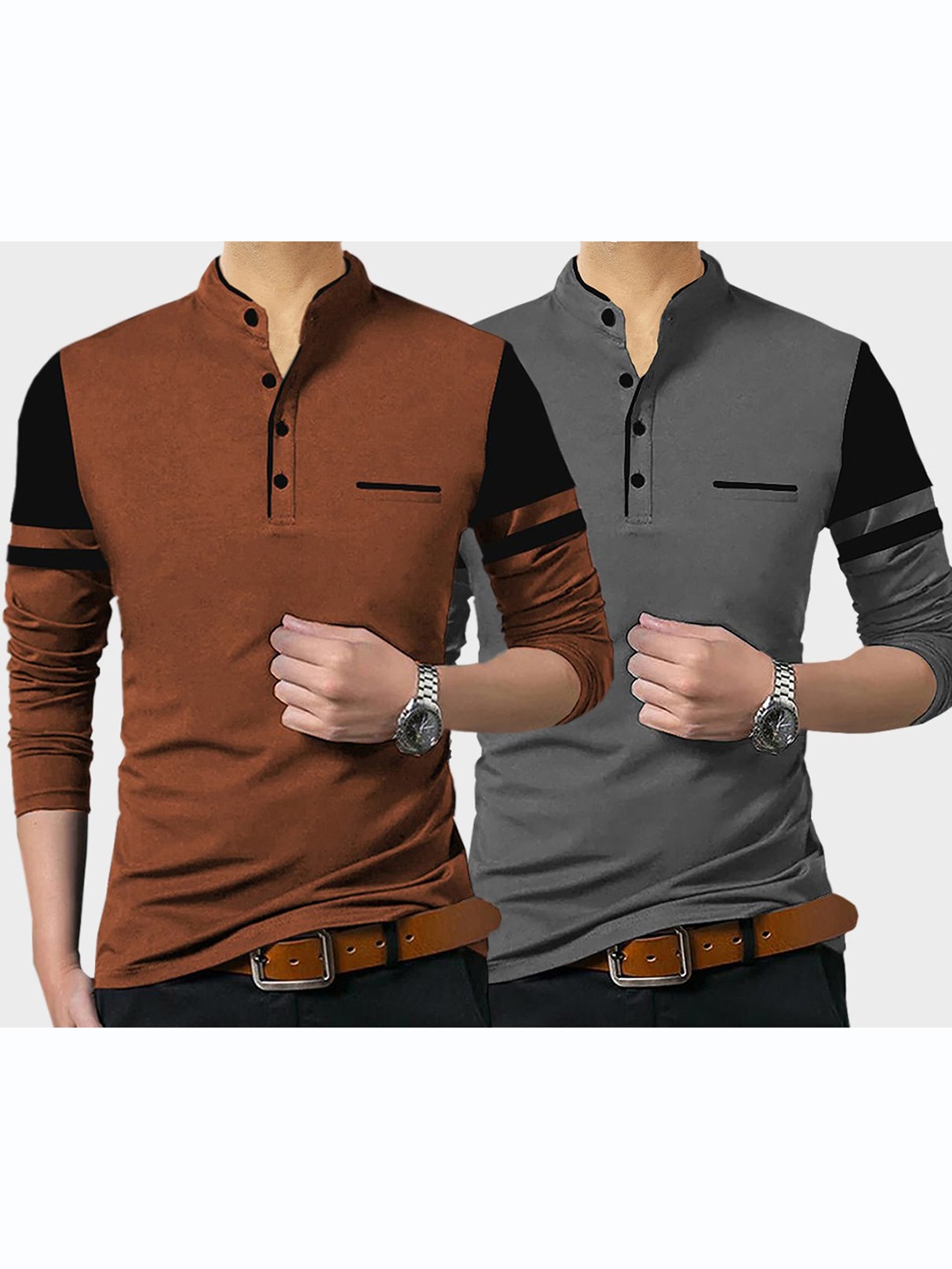 

TRIPR Pack Of 2 Mandarin Collar Long Sleeves Cotton T-shirt, Brown