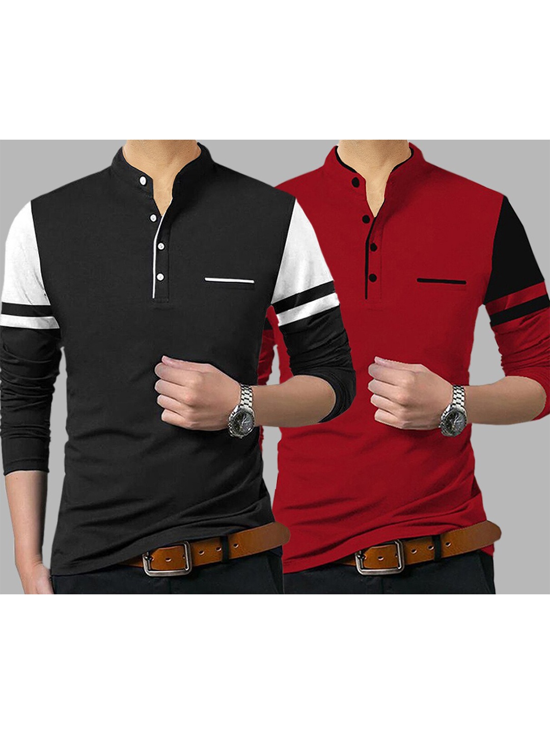 

TRIPR Pack Of 2 Henley Neck Slim Fit Cotton T-Shirt, Red