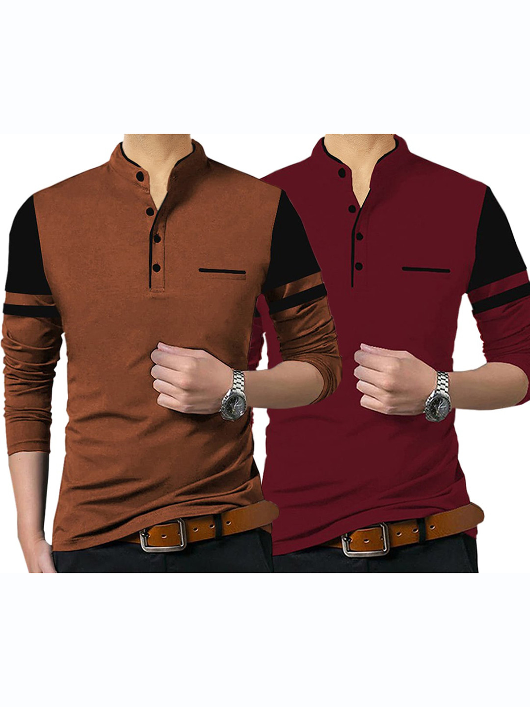 

TRIPR 2 Pack Of 2 Colourblocked Mandarin Collar Cotton T-shirt, Maroon