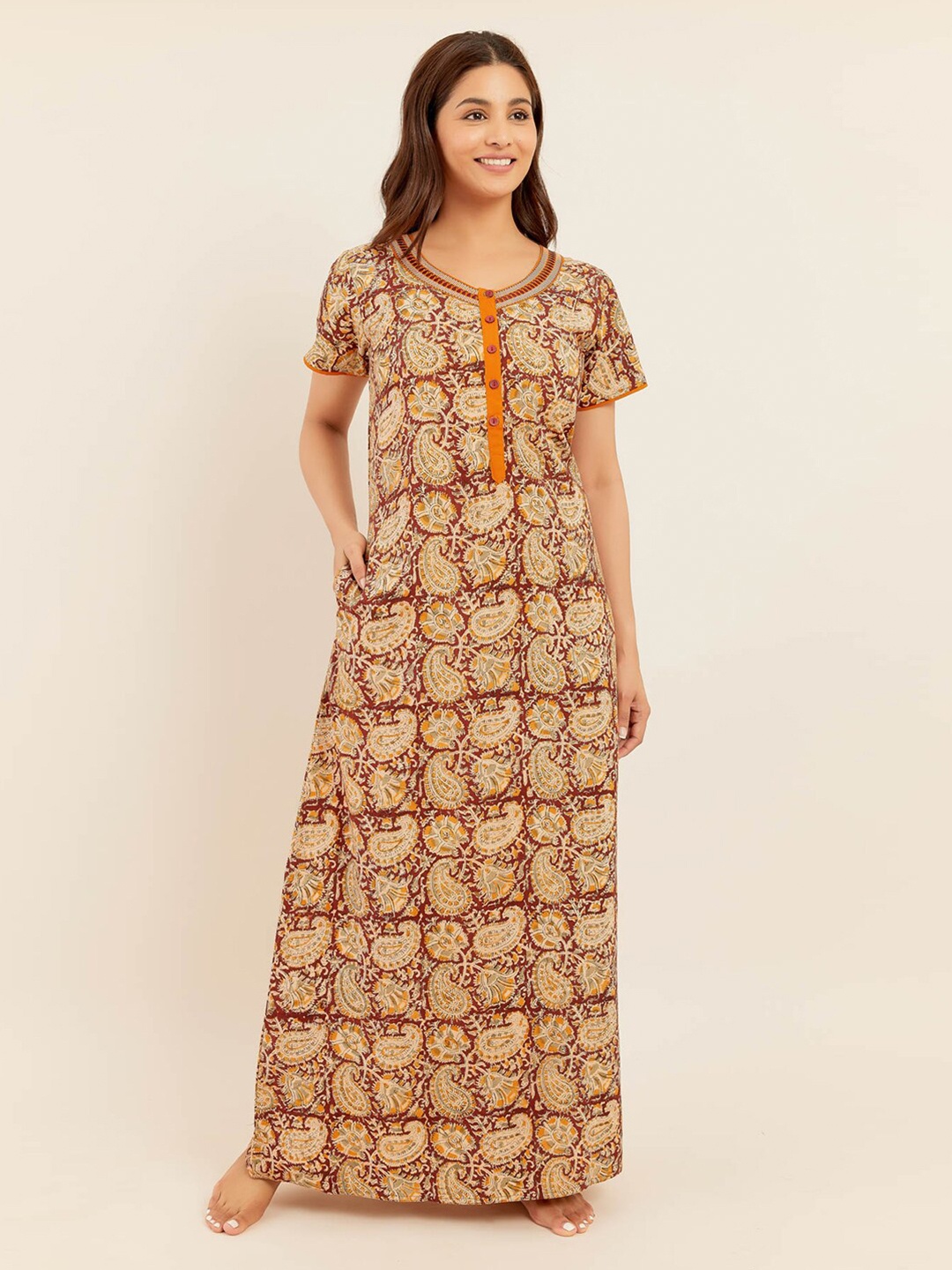 

Maybell Ethnic Motifs Printed Pure Cotton Maxi Nightdress, Brown