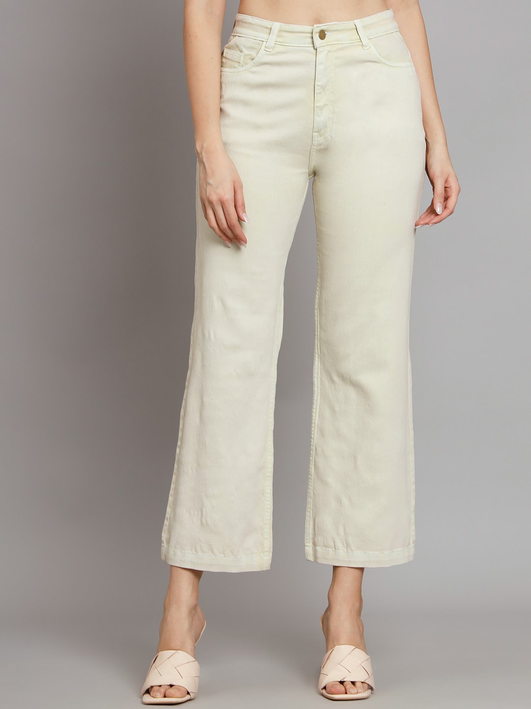 

GUTI Women Flared High-Rise Stretchable Light Fade Cotton Jeans, Beige