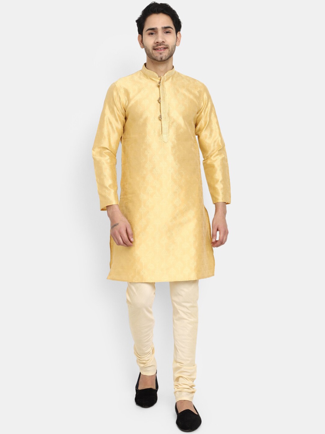 

V-Mart Woven Design Mandarin Collar Thread Work Kurti with Churidar, Beige