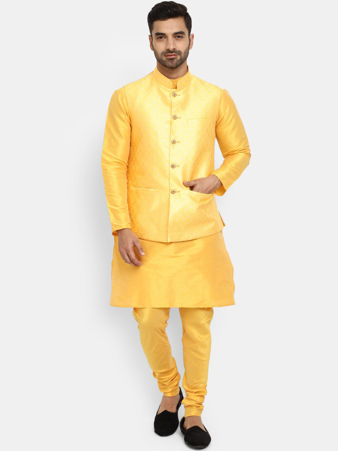 

V-Mart Mandarin Collar Kurta with Churidar With Woven Design Nehru Jacket, Yellow