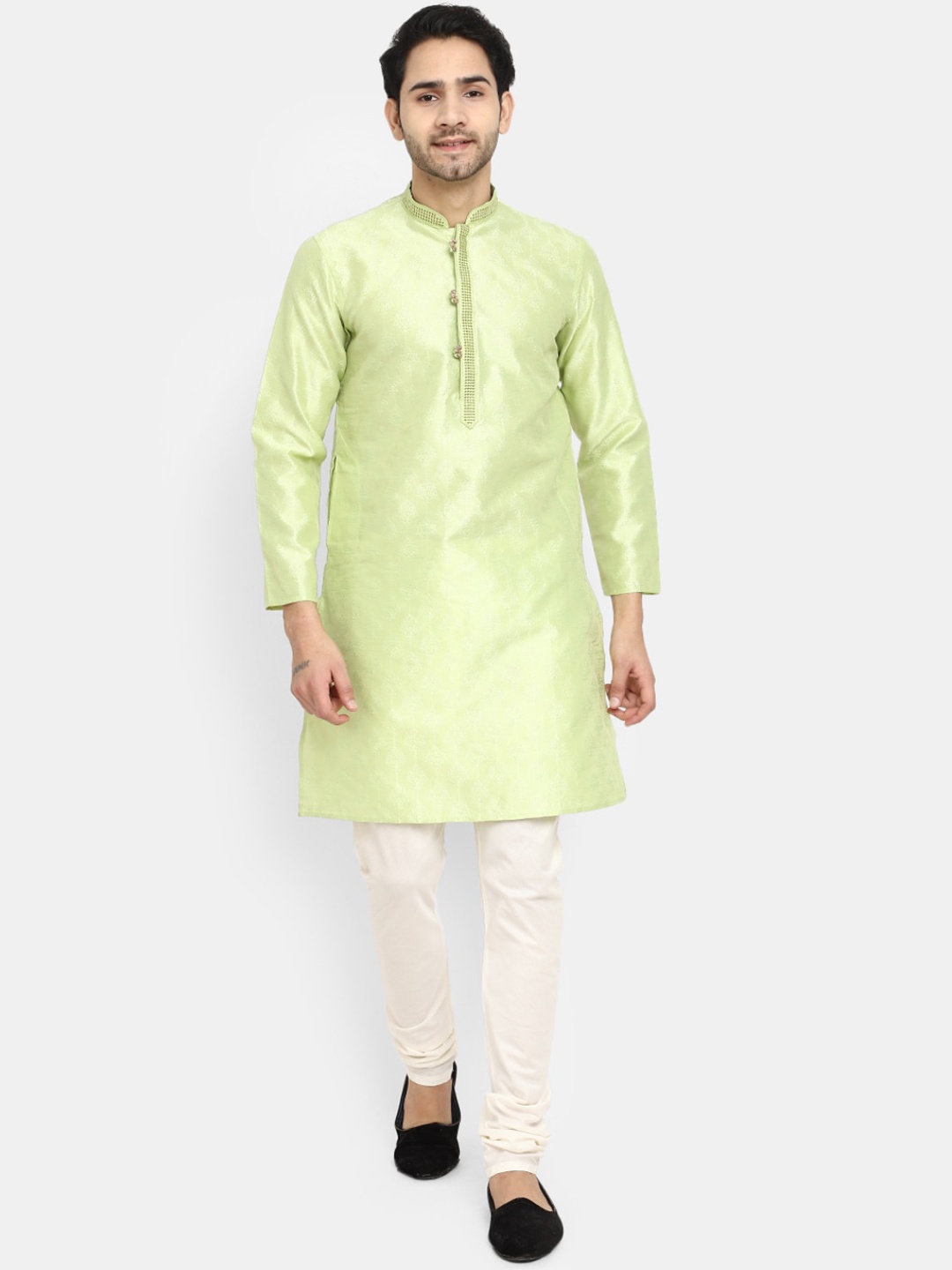 

V-Mart Woven Design Mandarin Collar Kurti with Churidar, Green