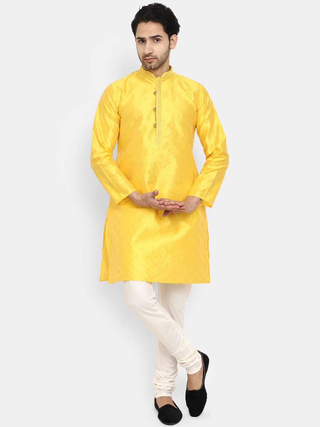 

V-Mart Woven Design Mandarin Collar Kurta with Pyjamas, Yellow