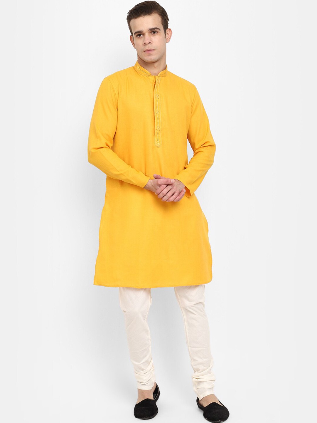 

V-Mart Mandarin Collar Thread Work Pure Cotton Kurta with Pyjamas, Yellow