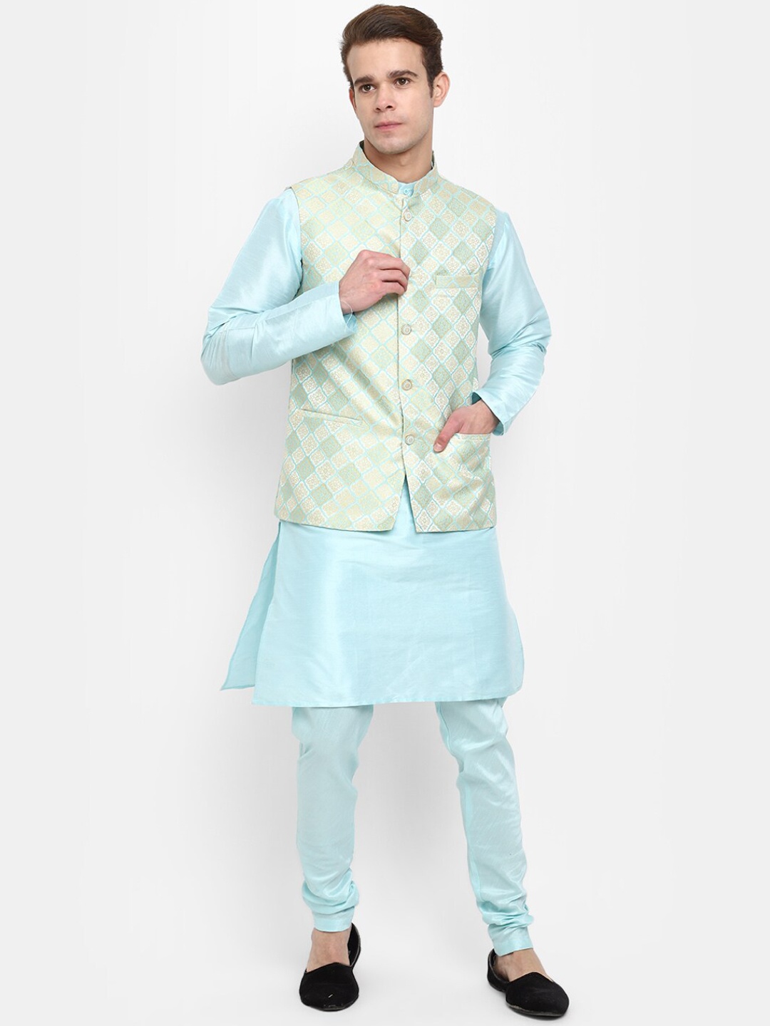 

V-Mart Mandarin Collar Regular Kurta with Churidar With Woven Design Nehru Jacket, Blue