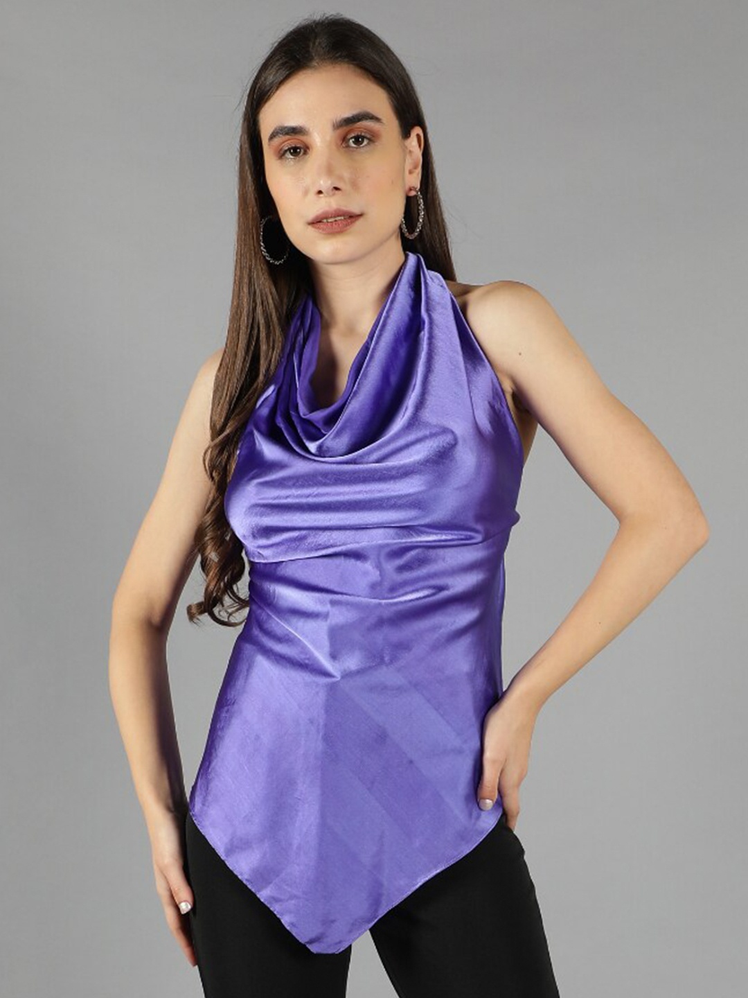 

Svelte Couture Cowl Halter Neck Regular Top, Purple