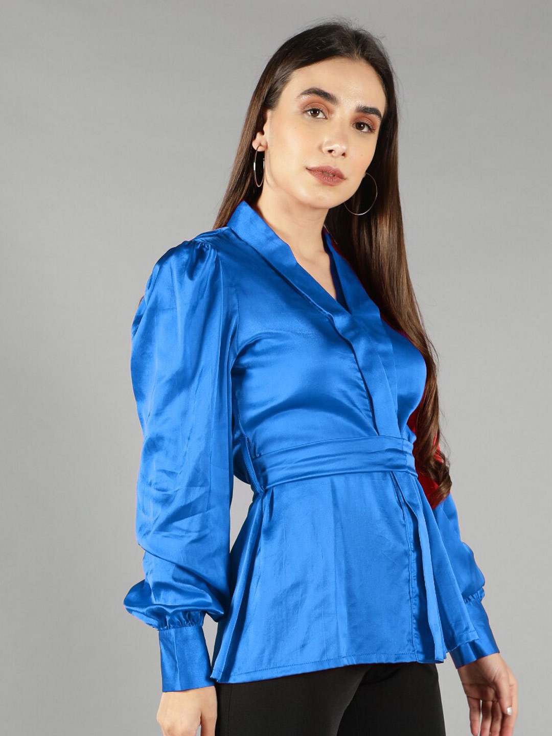 

Svelte Couture Surplice Neck Waist Tie-Ups Puff Sleeve Belted Satin Shirt Style Top, Blue