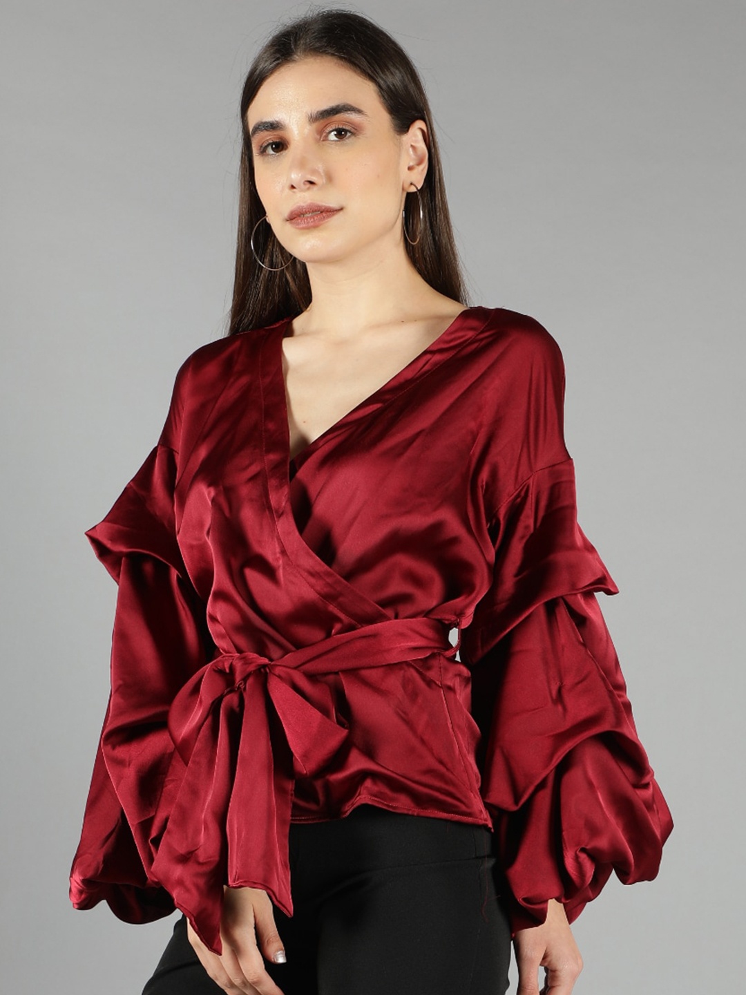 

Svelte Couture Bell Sleeves Layered Wrap Top, Red