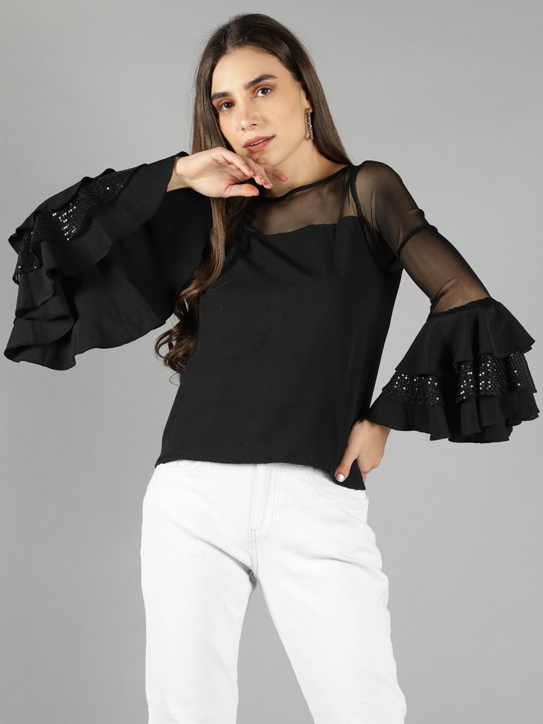 

Svelte Couture Bell Sleeve Layered Chiffon Top, Black