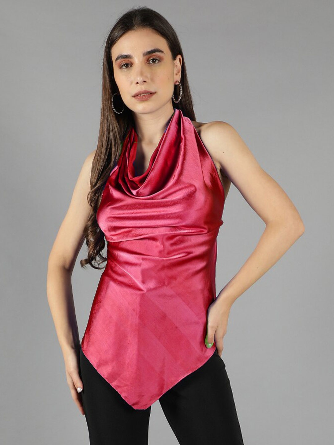 

Svelte Couture Metallic Halter Neck Gathered or Pleated Top, Red