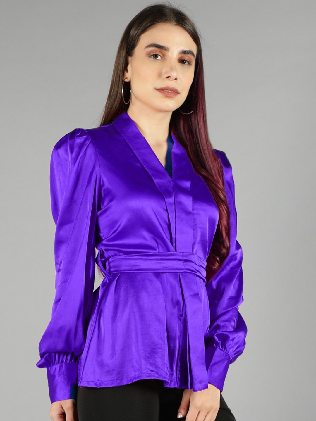 

Svelte Couture V-Neck Cuffed Sleeve Waist Tie-Ups Top, Purple