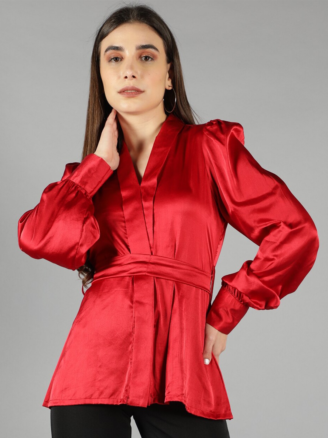 

Svelte Couture Puff Sleeve Cinched Waist Top, Red