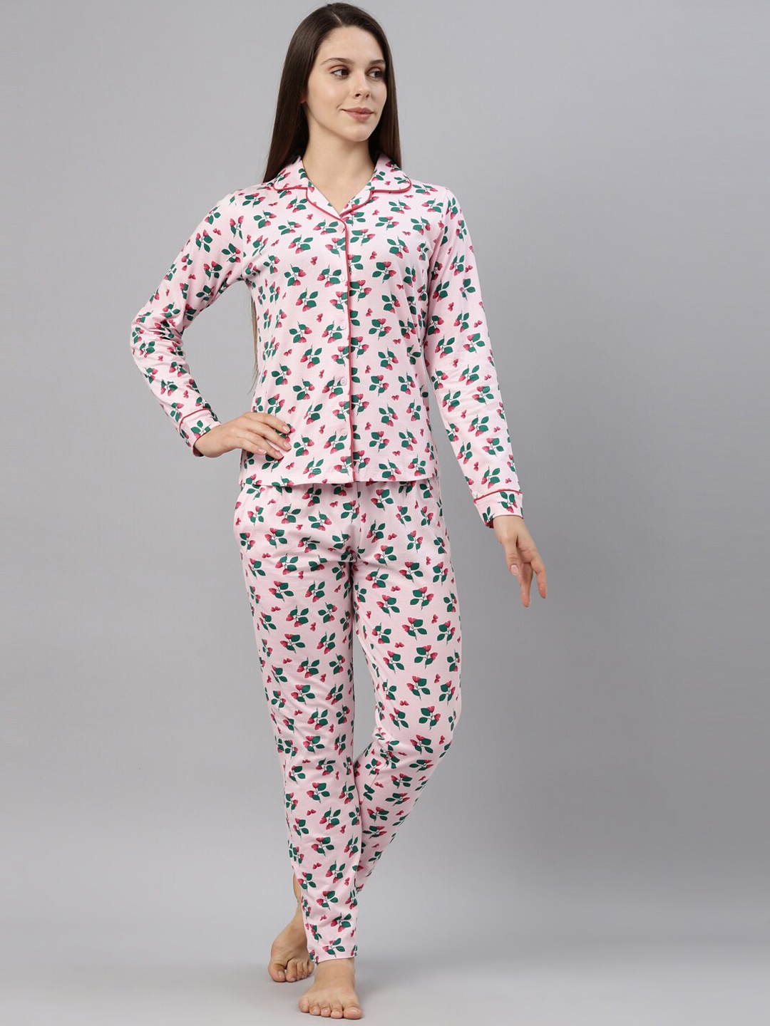 

ETC Women Printed Shirt with Pyjama Night Suit, Pink