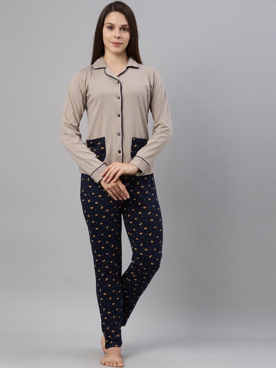 

ETC Beige & Navy Blue Conversational Printed Pure Cotton Night Suit