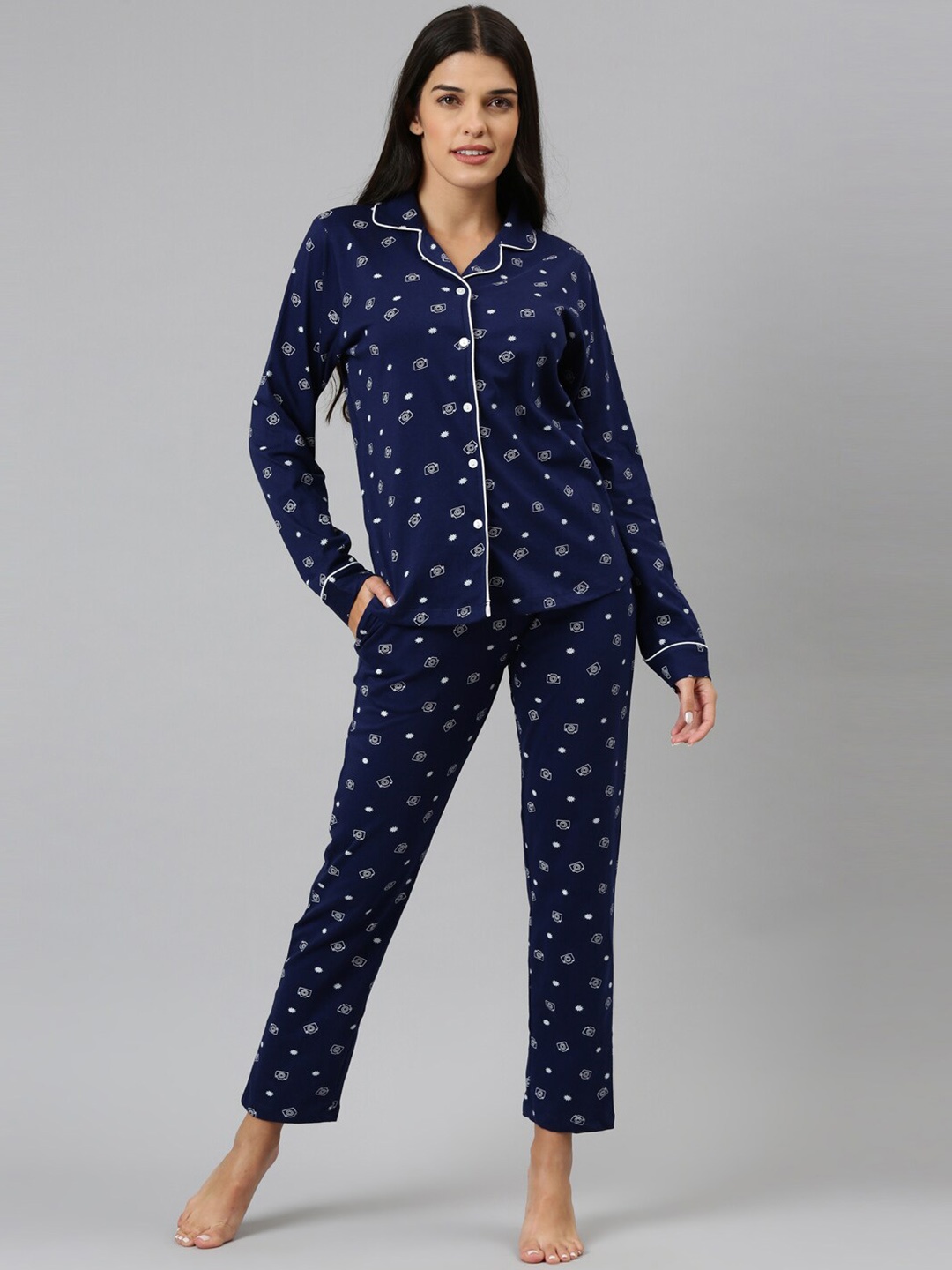 

ETC Navy Blue Conversational Printed Pure Cotton Night Suit