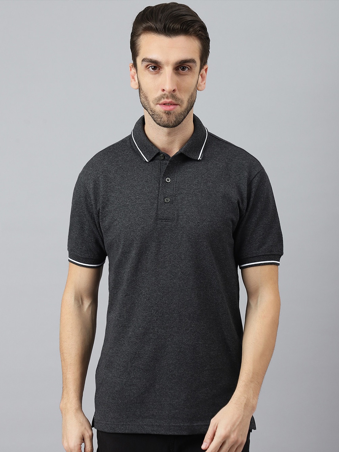 COLOR CAPITAL Polo Collar Cotton T-shirt, Charcoal